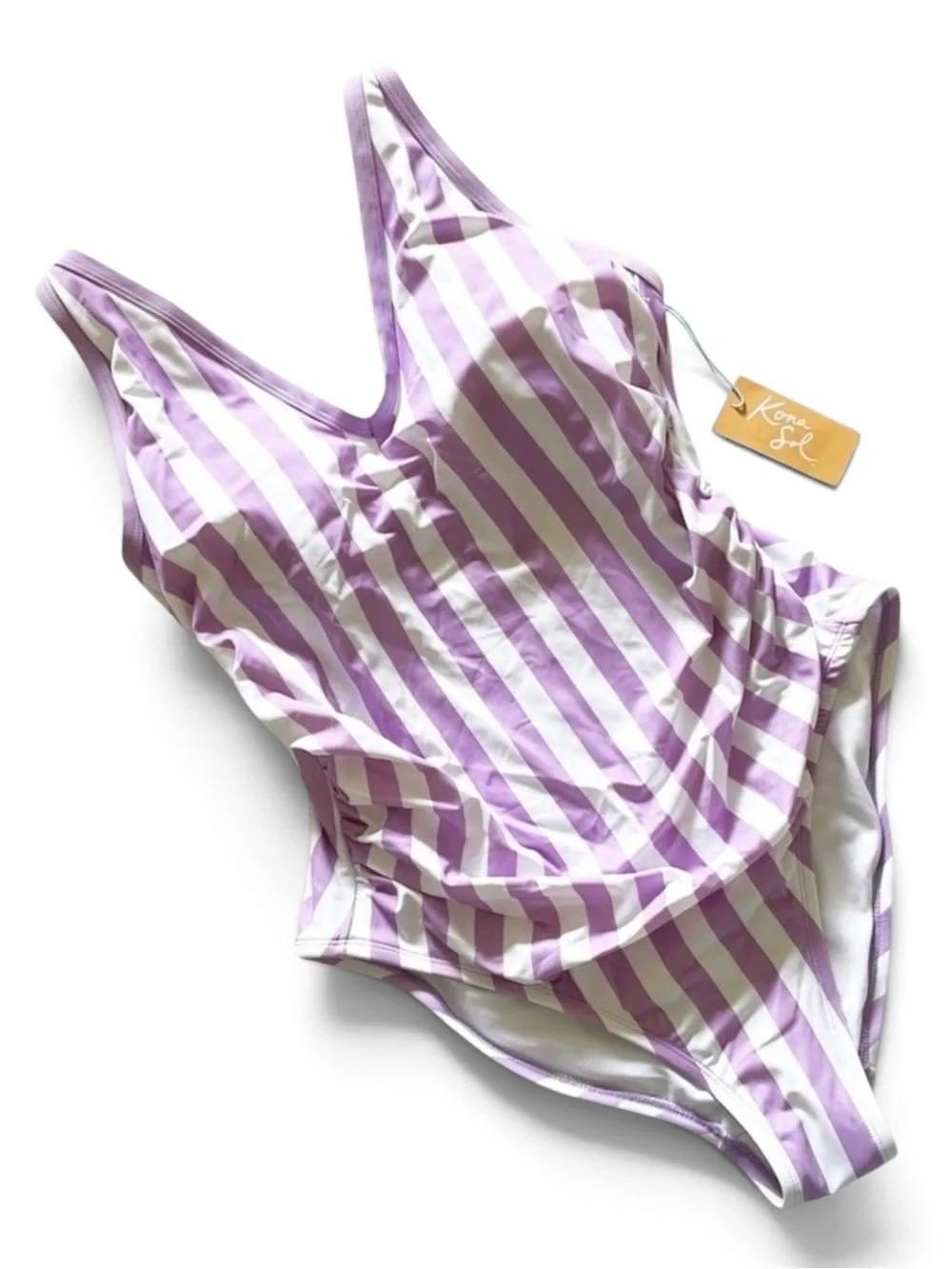 Kona Sol Purple Vertical‑Stripe One‑Piece Swimsuit 16W NWT